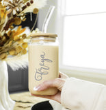 Personalised 600ml Glass Tumbler With Bamboo Lid & Straw ~ Iced Coffee ~ Libbey Can ~ Drinking Glass Cold Cup ~ Christmas Gift for Her