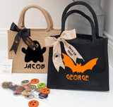 Personalised Halloween Party Bag ~ Trick or Treat Bag ~ Black or Natural with Bow ~ Name