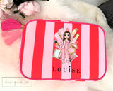 Personalised Red & Pink Stripe Make up Cosmetic Bag ~ Washbag ~ Dolly in Pyjamas ~ Lipstick, Blusher, Eyeshadow ~ Travel Gift for Girl Lady