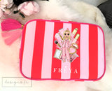 Personalised Red & Pink Stripe Make up Cosmetic Bag ~ Washbag ~ Dolly in Pyjamas ~ Lipstick, Blusher, Eyeshadow ~ Travel Gift for Girl Lady
