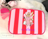 Personalised Red & Pink Stripe Make up Cosmetic Bag ~ Washbag ~ Dolly in Pyjamas ~ Lipstick, Blusher, Eyeshadow ~ Travel Gift for Girl Lady