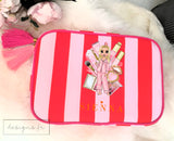 Personalised Red & Pink Stripe Make up Cosmetic Bag ~ Washbag ~ Dolly in Pyjamas ~ Lipstick, Blusher, Eyeshadow ~ Travel Gift for Girl Lady