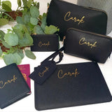 Personalised Faux Leather Make Up Bag  Cosmetic Bag Toiletry Wash bag Passport Holder & Luggage Tag