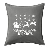 Christmas at the Family Name - Personalised Christmas Cushion with Santa & Reindeer