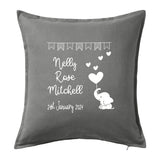 Name and Date with Elephant Hearts and Balloon ~ Newborn Baby, Christening, Birthday White Personalised Cushion Pillow including infill