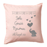 Name and Date with Elephant Hearts and Balloon ~ Newborn Baby, Christening, Birthday White Personalised Cushion Pillow including infill