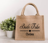 Personalised Mini Shimmer Jute Hessian Gift Bag ~ Bride to Be ~ Bridesmaid ~ Maid of Honour ~ Hen Party Bag ~ Wedding Bag
