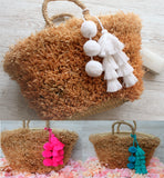 Straw Raffia Fringe basket with Pom Poms and Tassels swag