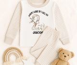Personalised When I Wake Up I Will Be Age Number with Patchwork Dinosaurs Natural Stripe Pyjamas ~ Birthday Gift for Boy Girl ~Dinosaur Fan