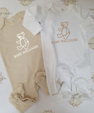 Personalised Teddy Bear Newborn Baby Shower Gender Reveal Gift Set ~ Baby Blanket ~ Baby Bib ~ Baby Vest ~ Baby Sleepsuit 0-3 Months