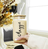 Personalised 600ml Glass Tumbler With Bamboo Lid & Straw ~ Iced Coffee ~ Libbey Can ~ Drinking Glass Cold Cup ~ Christmas Gift for Her