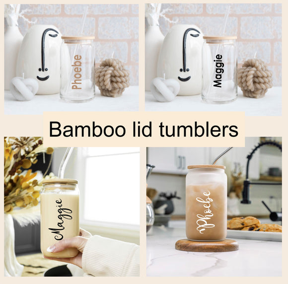 Personalised 600ml Glass Tumbler With Bamboo Lid & Straw ~ Iced Coffee ~ Libbey Can ~ Drinking Glass Cold Cup ~ Christmas Gift for Her