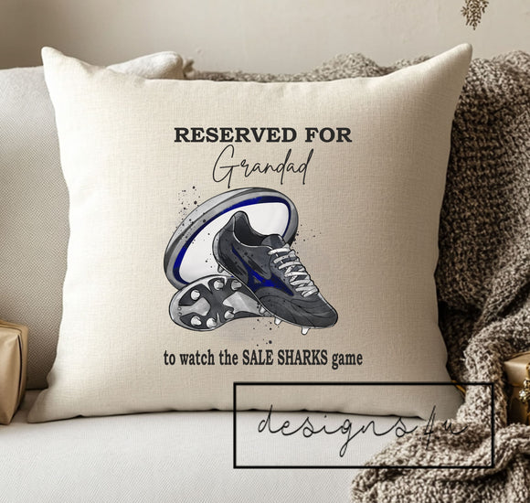 Personalised Sales Sharks Rugby Cushion to watch the Game ~ Daddy, Grandad, Name ~ Father's Day Gift Birthday Teacher Present Includes Pad