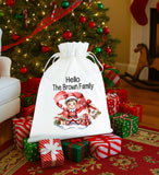 Personalised Christmas White Drawstring Sack Bag ~ Elf on the Shelf ~ I'm Back ~ Soft Organic Gift Bag