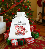 Personalised Christmas White Drawstring Sack Bag ~ Elf on the Shelf ~ I'm Back ~ Soft Organic Gift Bag