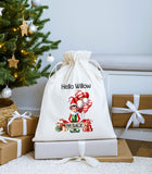 Personalised Christmas White Drawstring Sack Bag ~ Elf on the Shelf ~ I'm Back ~ Soft Organic Gift Bag