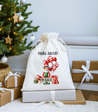 Personalised Christmas White Drawstring Sack Bag ~ Elf on the Shelf ~ I'm Back ~ Soft Organic Gift Bag
