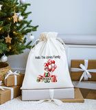 Personalised Christmas White Drawstring Sack Bag ~ Elf on the Shelf ~ I'm Back ~ Soft Organic Gift Bag