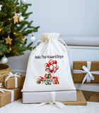 Personalised Christmas White Drawstring Sack Bag ~ Elf on the Shelf ~ I'm Back ~ Soft Organic Gift Bag