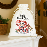 Personalised Christmas White Drawstring Sack Bag ~ Elf on the Shelf ~ I'm Back ~ Soft Organic Gift Bag