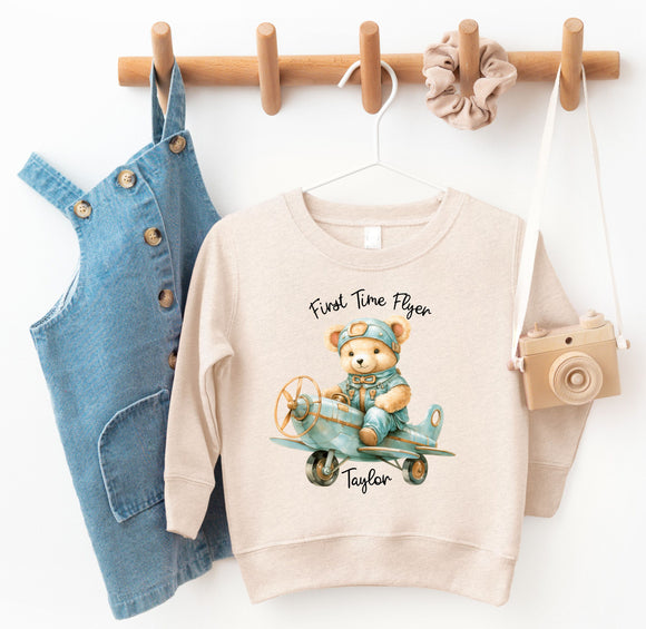 Personalised First Time Flyer with Name ~ 1st Holiday ~ First Vacation Sweatshirt ~ Kids Childs Children Toddler Baby Sweatshirt