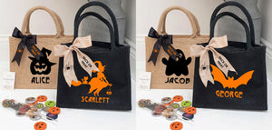 Personalised Halloween Party Bag ~ Trick or Treat Bag ~ Black or Natural with Bow ~ Name