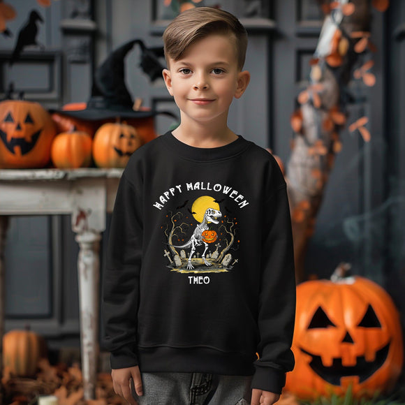 Personalised Spooky Saurus Happy Halloween Sweatshirt ~ Trick or Treat Dinosaur Design ~ Gift for Boys or Girls Kids
