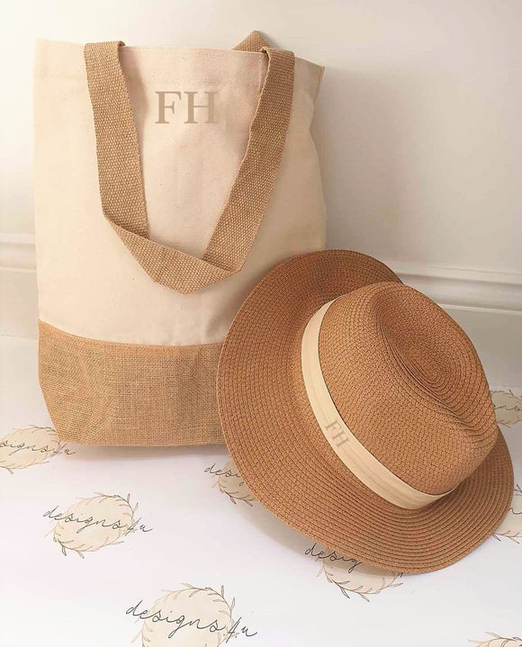 Personalised Canvas and Jute Bag with matching Straw Hat ~ Beach Bag Beach Hat ~ Holiday Bag Holiday Hat
