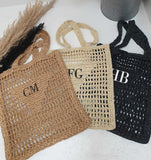 Hand Painted Initials ~ Holiday Bag ~ Beach Bag ~ Straw Raffia Bag ~ Gift for Her ~ String Bag