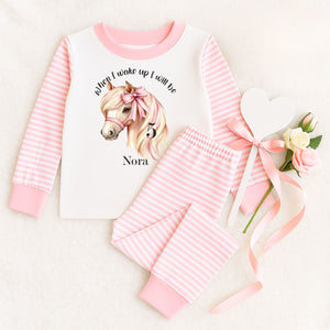 Personalised When I Wake Up I Will Be Age 1,2,3,4,5,6,7 years Stripe Pyjamas ~ Gift for Boy Girl ~ Horse, Pony, Pink Bow