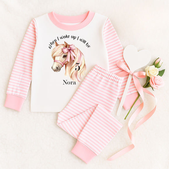 Personalised When I Wake Up I Will Be Age 1,2,3,4,5,6,7 years Stripe Pyjamas ~ Gift for Boy Girl ~ Horse, Pony, Pink Bow