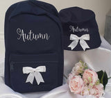 Personalised Mini Kids Childrens Rucksack & Bucket Hat ~  Backpack School Nursery Summer Holiday Travel Bag with Name and Bow