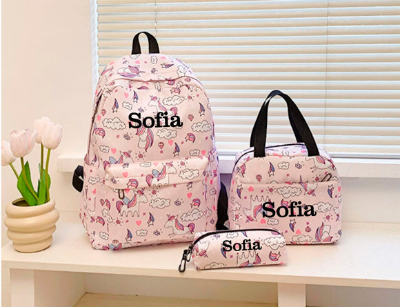 Personalised Unicorn Rucksack, Book Bag & Pencil Case Set of 3 ~ Backpack Set ~ Gift for Girl ~ School Bags