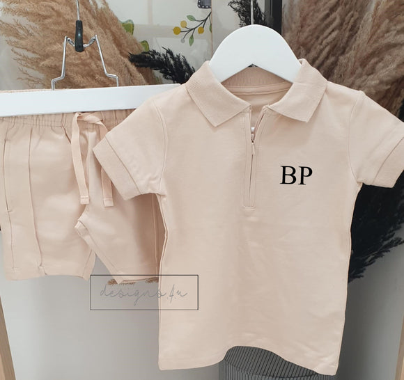 Personalised Zip Neck Polo Shirt Short Set ~ Monogram Initials ~ Summer Holiday Vacation Outfit ~ Gift for Girl Boy