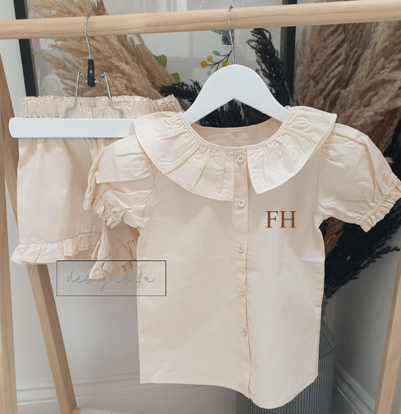 girls short set summer vacation holiday linen style frill short sleeve top and frill shorts matching set natural pink lavender initials mongram
