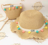 Personalised Childs Kids Pom Pom Sun Hat and Bag Set ~ Toddler Straw Hat and Bag Set ~ Holiday Hat and Bag