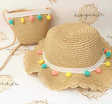 Personalised Childs Kids Pom Pom Sun Hat and Bag Set ~ Toddler Straw Hat and Bag Set ~ Holiday Hat and Bag