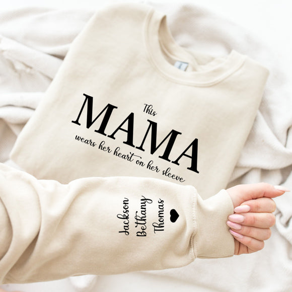 Personalised This Mama Wears Her Heart On Her Sleeve ~ Names on Sleeve with Heart ~ Mummy, Mum, Daddy, Nanny, Grandad, Grandma, Nana Gift