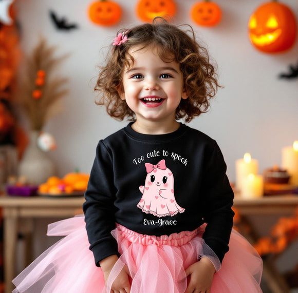 Too Cute to Spook – Personalised Kids Halloween Sweatshirt ~ Trick or Treat  ~ Gift for Boys or Girls Kids