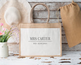 Personalised Jute and Canvas Pocket Bag ~ Mrs with New Name and Date ~ Bride ~ Bride to Be ~ Bridal Gift