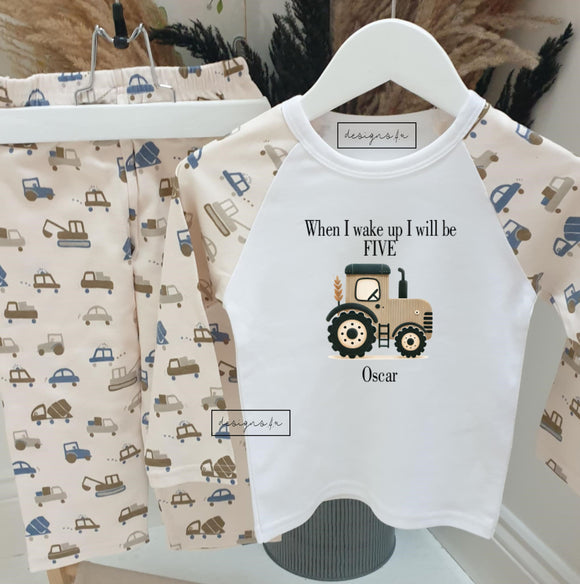 Personalised When I Wake Up I Will Be 1,2,3,4,5,6,7,8,9 Pyjamas ~ Gift for Boy Girl ~ Transport Tractors Cars Construction ~ Birthday Pjs
