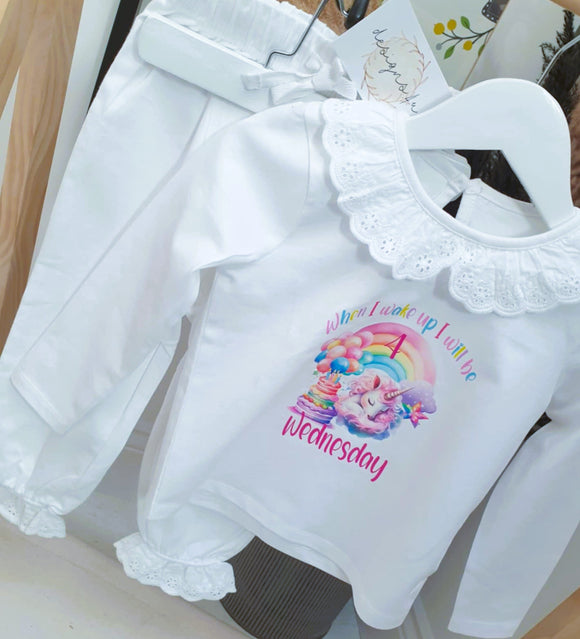 Personalised When I Wake Up I Will Be 1, 2, 3, 4, 5, 6, 7, 8, 9 Unicorn ~ Frill Pjs ~ Unicorn Birthday Pyjama Set ~ Birthday Cake ~ Candle