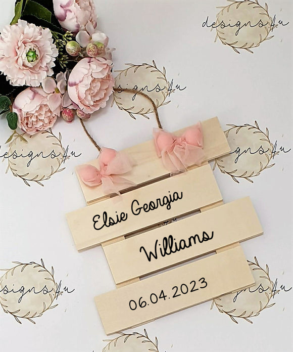 Personalised Baby Nursery Home Decor Wooden Sign ~ Pink Bows