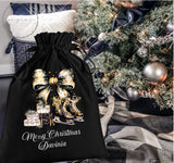 Personalised Christmas Sack ~ Santa Sack ~ Xmas Sack Stocking ~ Xmas gift Girl Boy ~ Black Sack Gold  Bow ~ Christmas Gift Bag for Her Him (Copy)