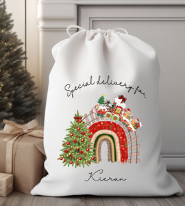 personalised custom white christmas sack santa stocking xmas gift bag rainbow train