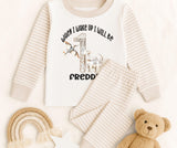 Personalised When I Wake Up I Will Be Age Number with Patchwork Dinosaurs Natural Stripe Pyjamas ~ Birthday Gift for Boy Girl ~Dinosaur Fan