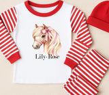 Personalised Pony Horse with Pink Bow ~  Stripe Pyjamas ~ Birthday, Christmas Gift for Boy Girl