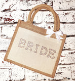 Personalised Jute Canvas Gift Bag ~ Bride to Be ~ Bridesmaid  ~ Maid of Honour  ~ Hen Party Bag ~ Wedding Bag with Pearl/Gold Letters