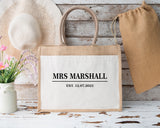 Personalised Jute and Canvas Bag ~ Mrs with New Name and Date ~ Bride ~ Bride to Be ~ Bridal Gift ~ Wedding Gift Bag