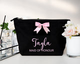 Personalised Canvas Wash Bag with Bow ~  Make Up Bag ~ Accessory Pouch ~ Hen Party ~ Bride ~ Bride to Be ~ Bridesmaid ~ Maid of Honour Gift